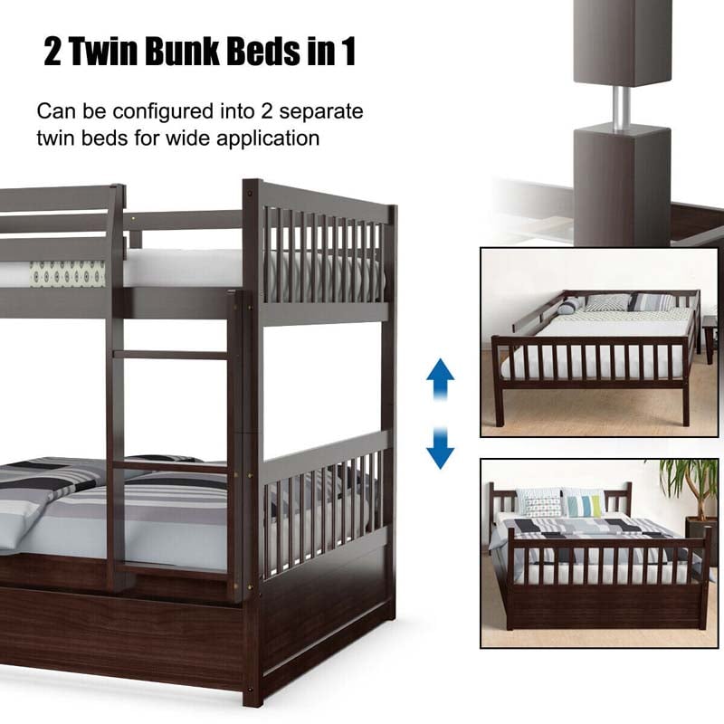 Solid Wood Full Over Full Bunk Bed Frame with Trundle, Safety Ladder & Guardrails, Convertible Bunk Bed for Kids Teens