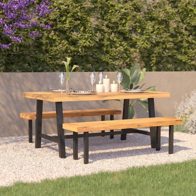 Flash Furniture All Weather Commercial Acacia Wood Top Patio Table With Metal Base natural black