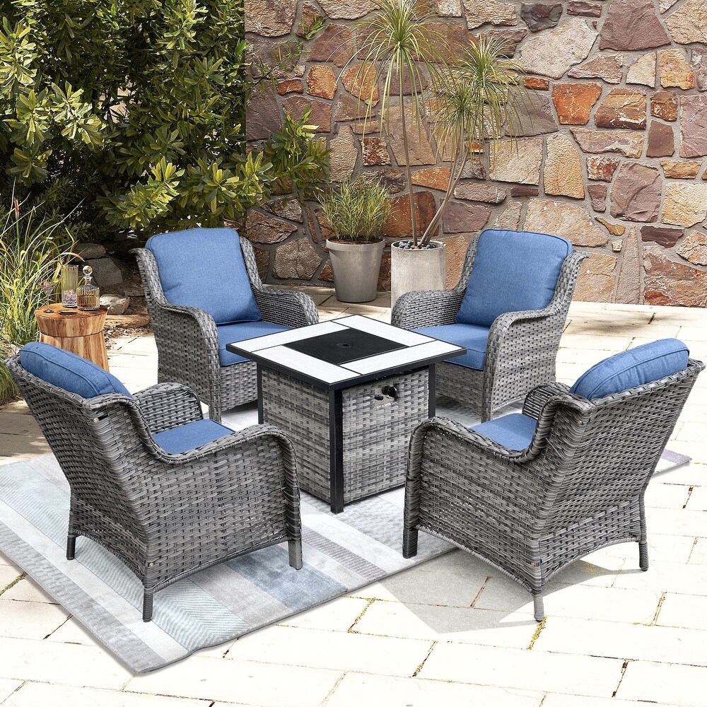 OVIOS Rattan Wicker 5 piece Patio Furniture Set Single Chairs With Fire Pit