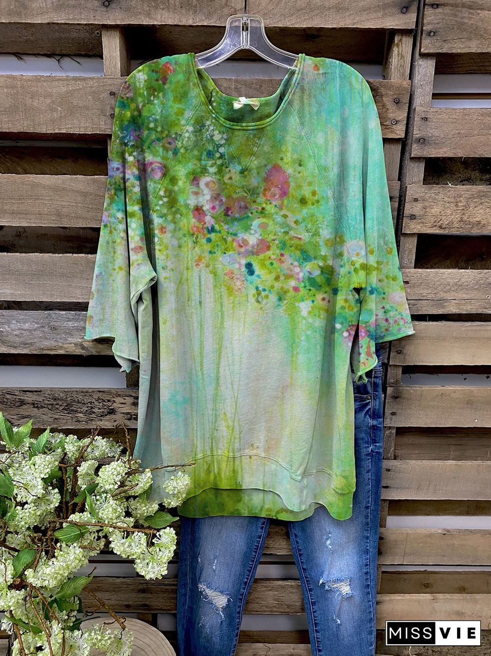 Green Field Ombre/tie-Dye Half Sleeve Pastoral T-shirt