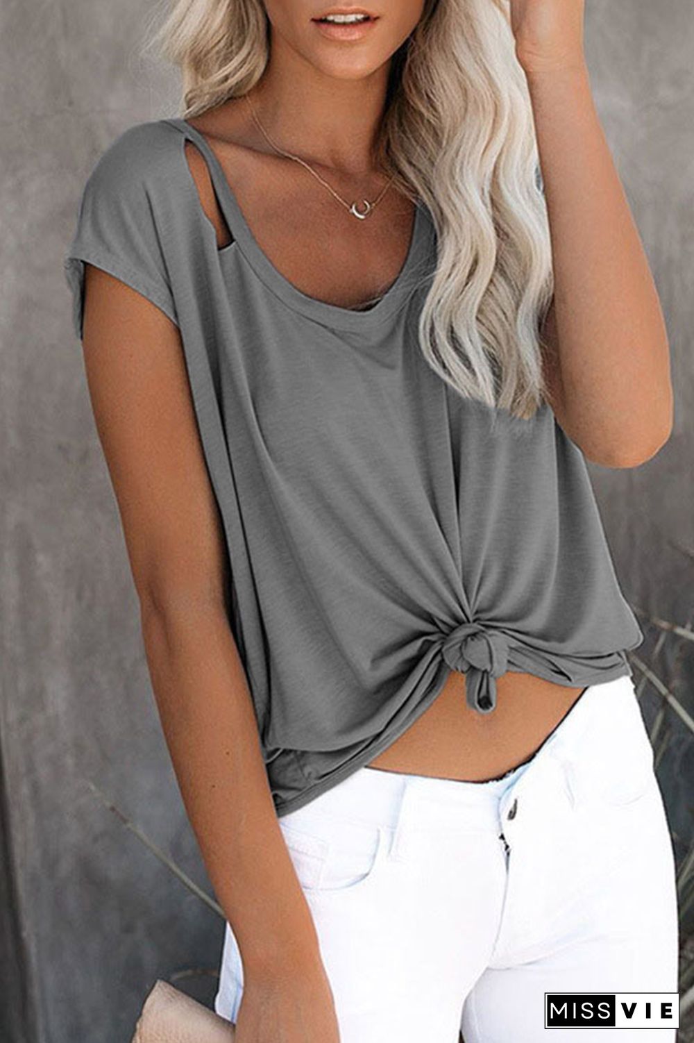 Casual Solid Ripped O Neck T-Shirts(7 Colors)