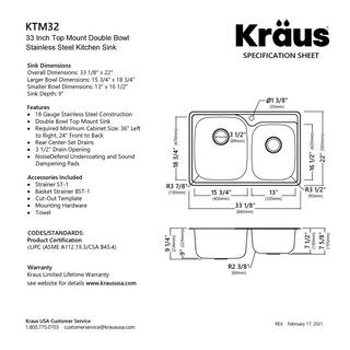 KRAUS Drop-In Stainless Steel 33 in. 1-Hole 6040 Double Bowl Kitchen Sink Kit KTM32