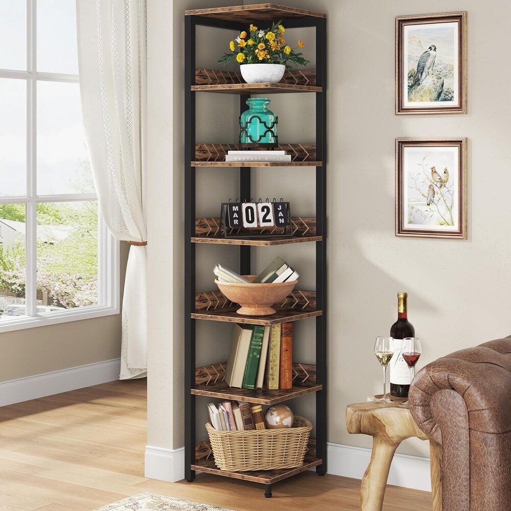 6 Tier Corner Shelf  76.7 Inch Tall Narrow Bookshelf Storage Rack