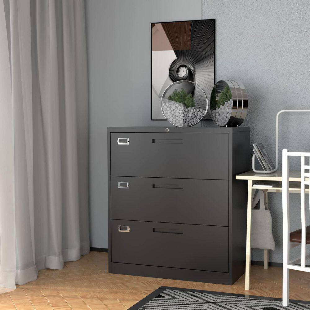 Zeus  Ruta Black File Cabinet 3-Drawer with Lock Locking Metal Lateral Filing Cabinet for Home Office ZeusOffice112BK