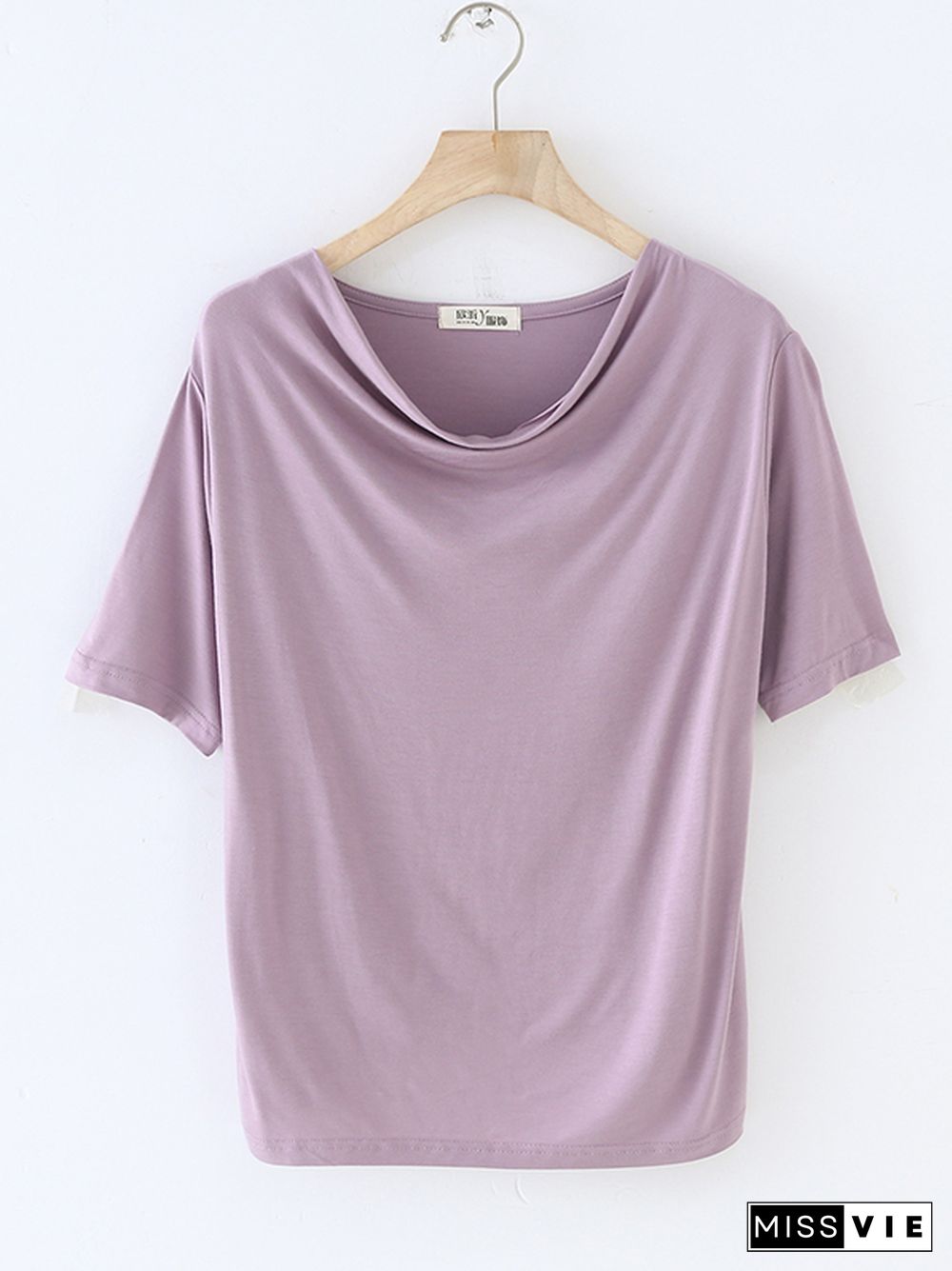 Short Sleeves Pleated Solid Color Heaps Collar T-Shirts Tops