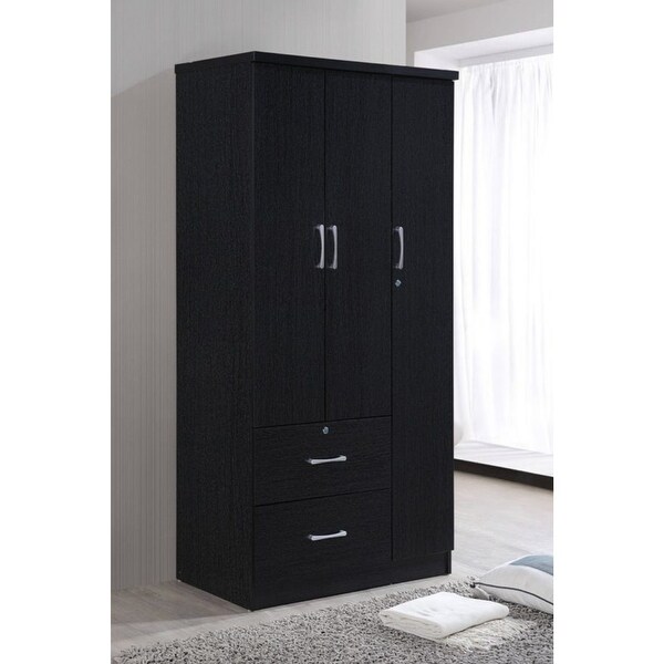 Hodedah Import 3 Door Armoire with Clothing Rod， Shelves， and 2 Drawers， Black - - 37191678