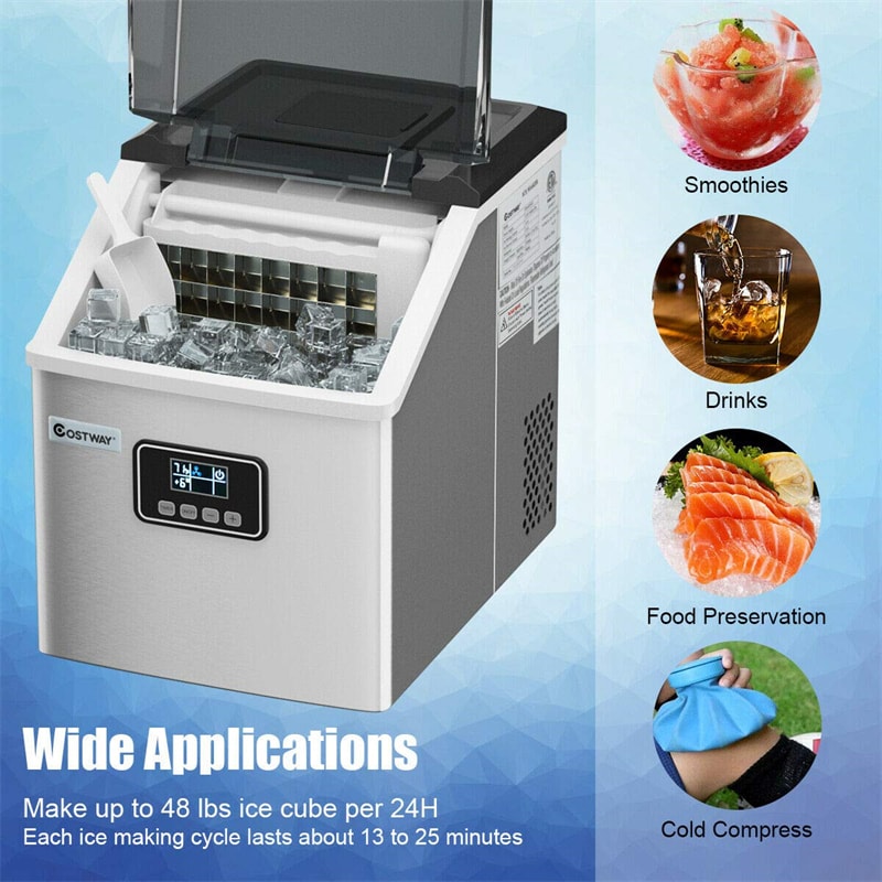 48LBS/24H Stainless Steel Countertop Ice Maker Machine with Self-Clean Function LCD Display Ice Scoop Basket