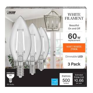 Feit Electric 60-Watt Equivalent B10 E12 Candelabra Dim White Filament Clear Glass Chandelier LED Light Bulb Soft White 2700K (3-Pack) CTC60927CAWFILHDRP3