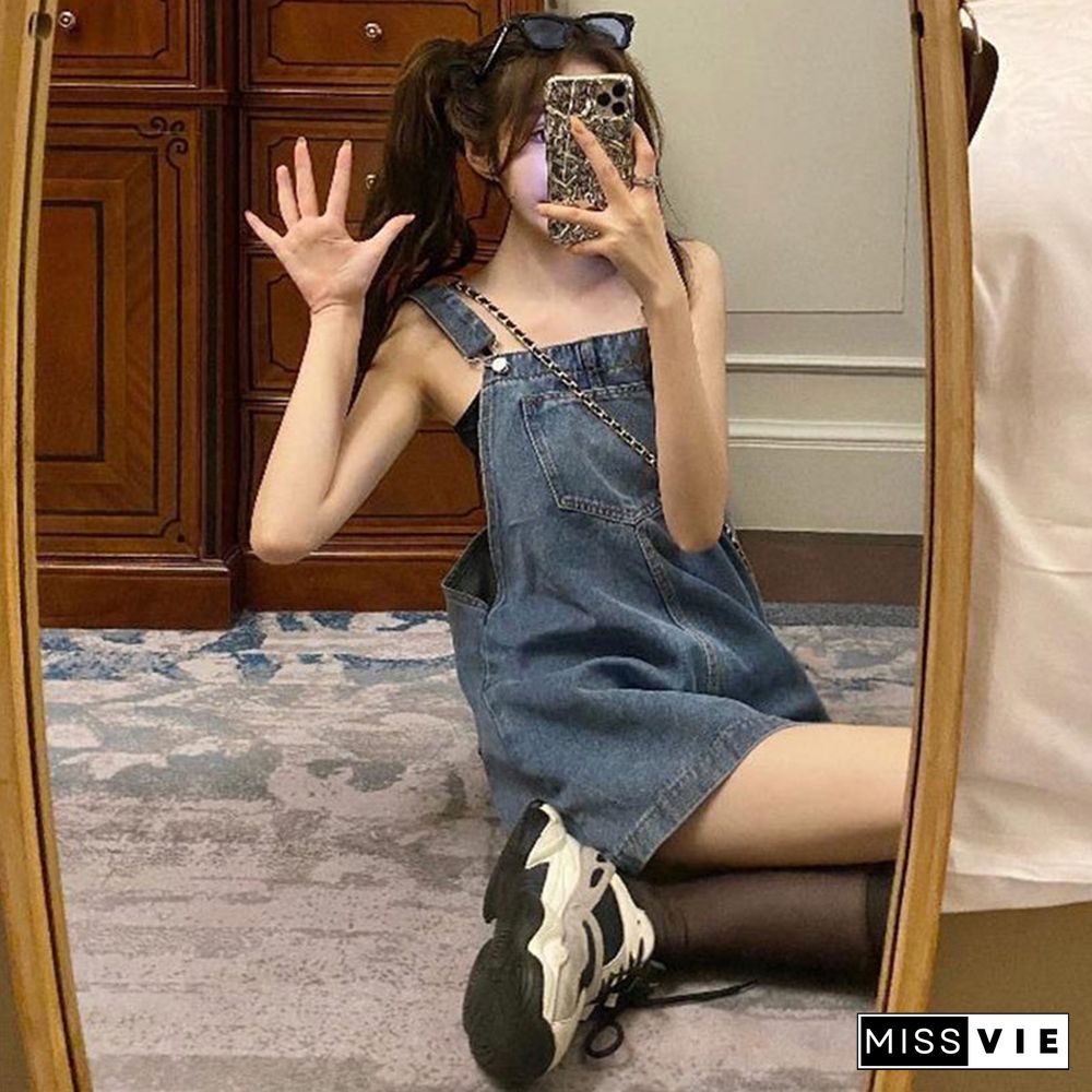 Pure Color A-line Denim Overalls Dress