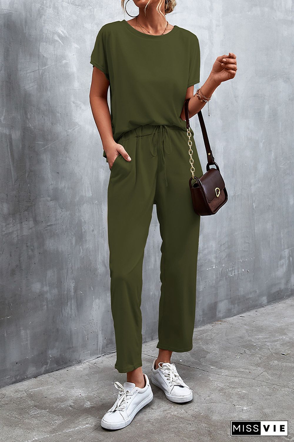 Plain Drawstring Top and Pants Two Pieces Set Wholesale