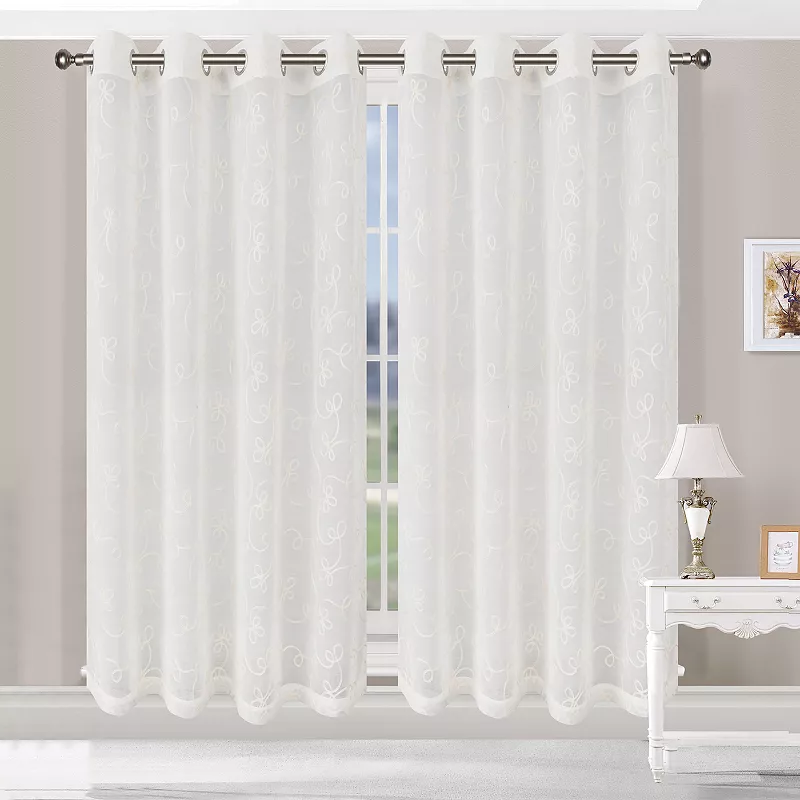 Superior Embroidered Set of 2 Scroll Sheer Grommet Window Curtain Panels