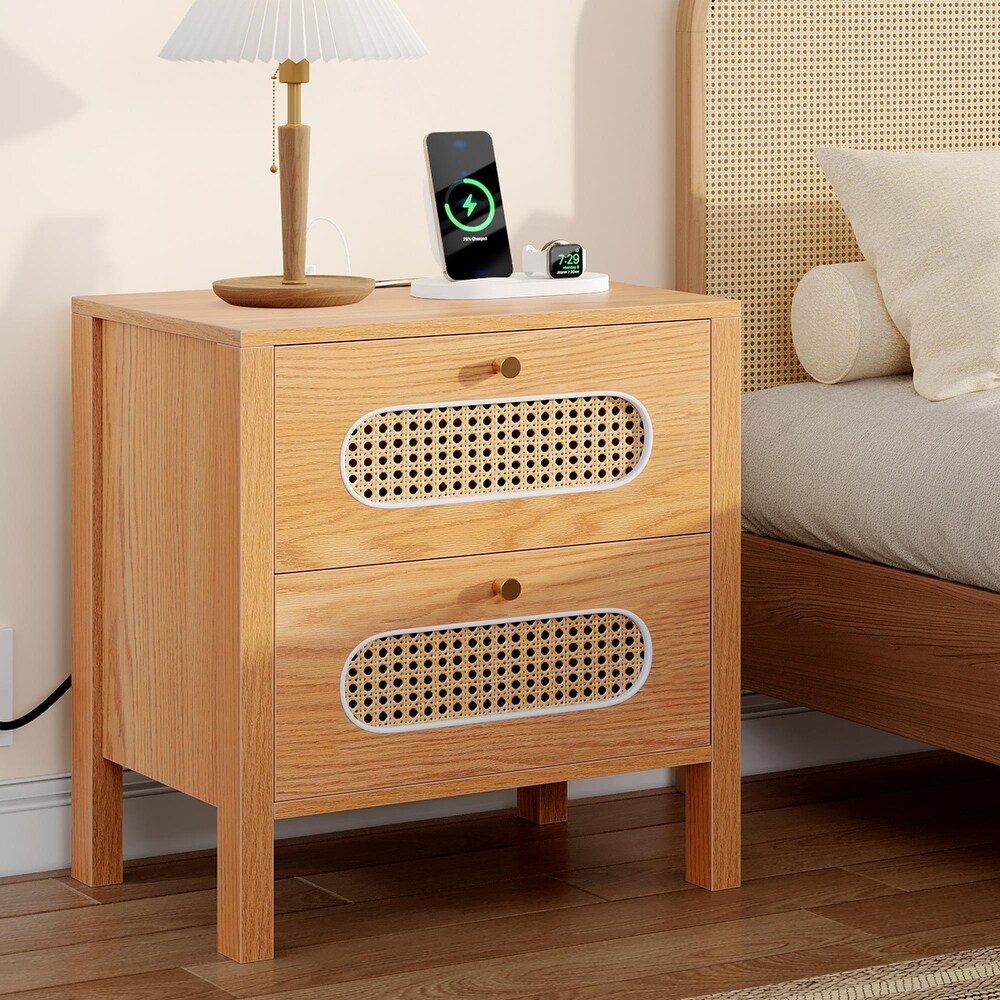 Moasis 2 Drawer Rattan Nightstand Beside Table for Bedroom Living Room