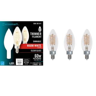 EcoSmart 60-Watt Equivalent B11 Dimmable E12 Candelabra Fine Bendy Filament LED Vintage Edison Light Bulb Warm White (3-Pack) B11C7E12822S