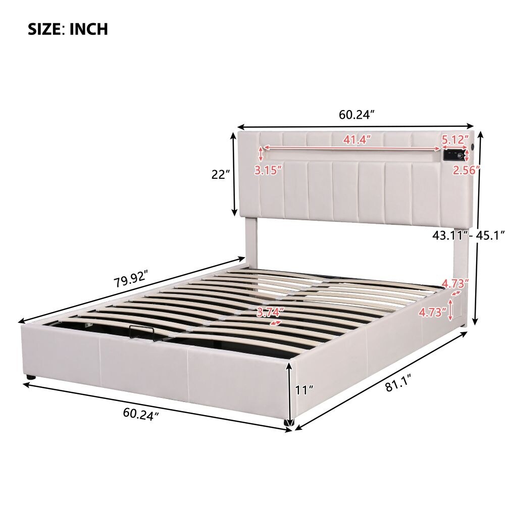 Upholstered Bed Queen Size with LED light  Bluetooth Player and USB Charging  Hydraulic Storage Bed