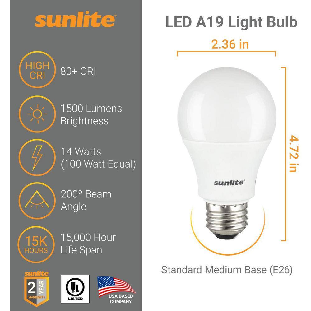 Sunlite 100-Watt Equivalent A19 Non-Dimmable UL Listed Super Bright 1500 Lumens E26 Base LED Light Bulb in Warm White (12-Pack) HD02552-4