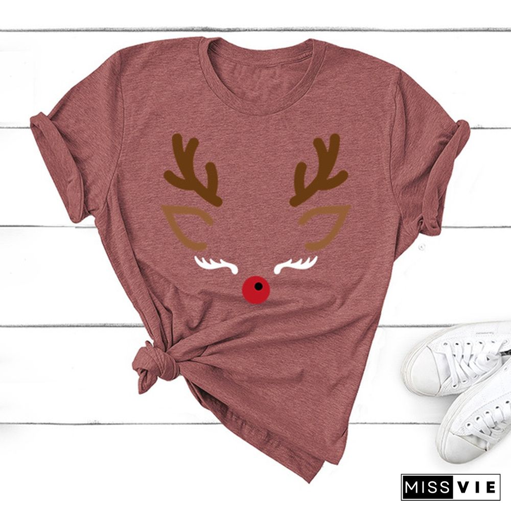 New Women Fashion Casual Reindeer Printed Short Sleeve Plus Size O-neck Loose Summer Tops T-shirt