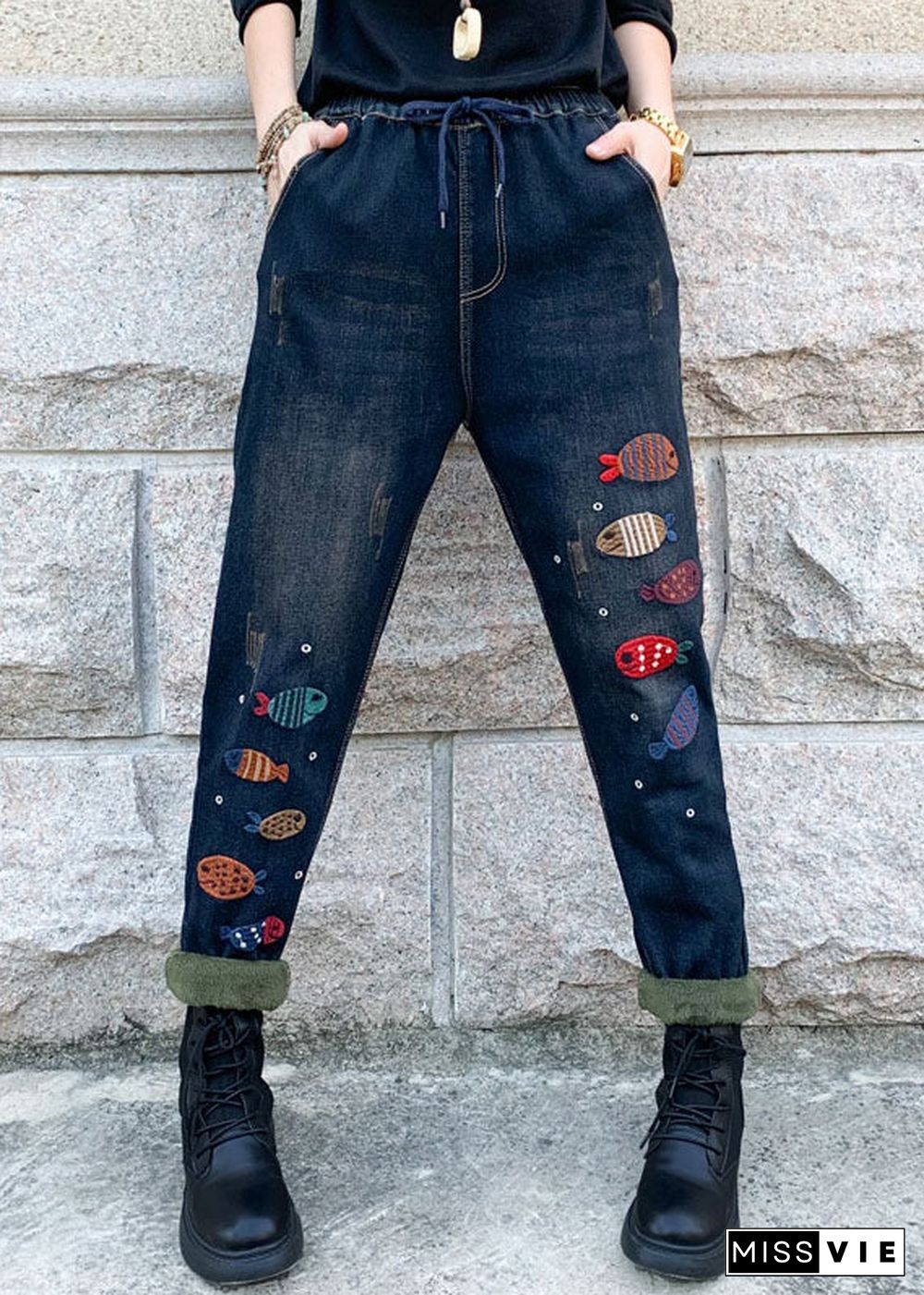 Boho Blue Embroideried elastic waist denim Pants Winter