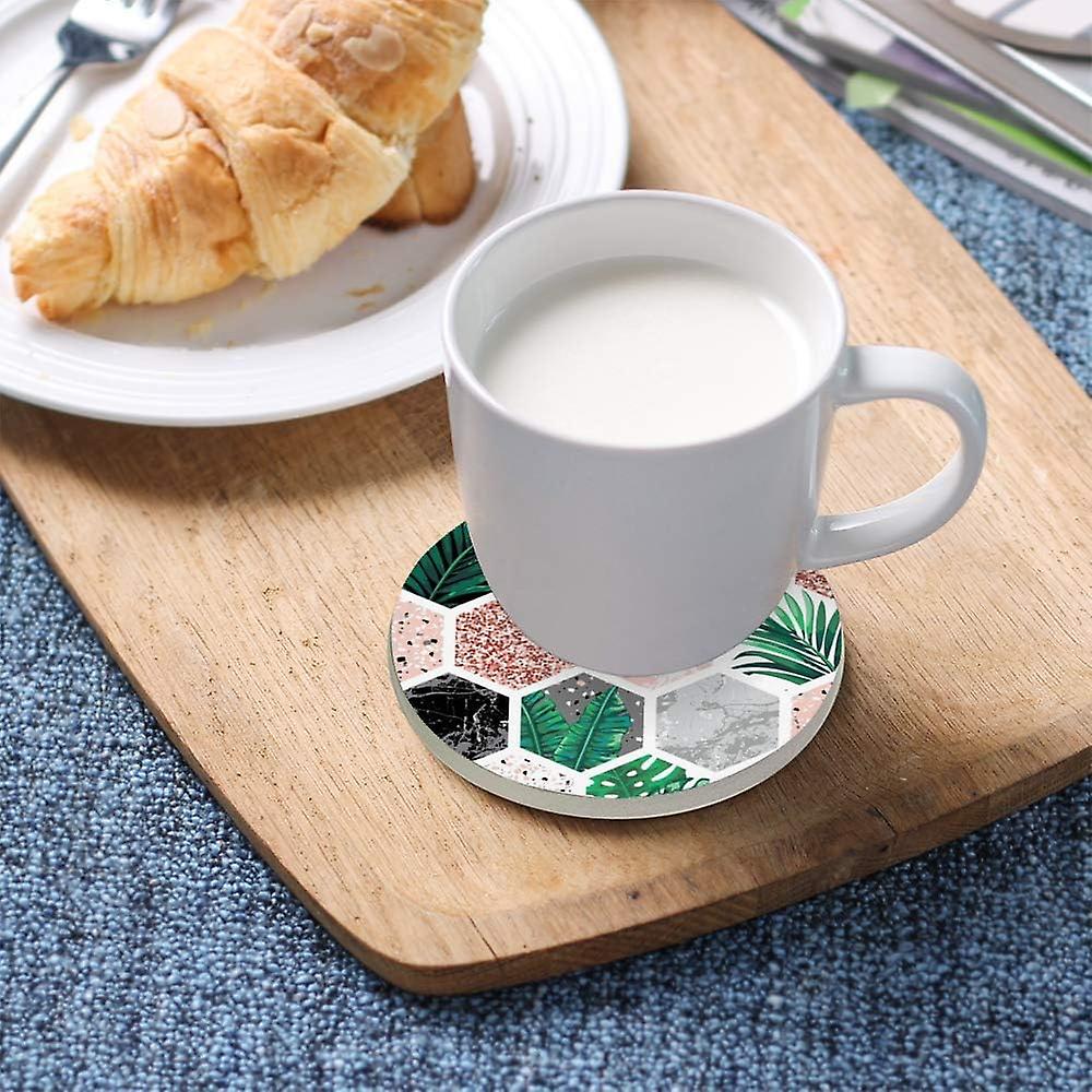 Printed Round Geometric Marble With Leaves Splashes Ceramic Coasters With Cork-backed For Coffee Drink Cup Mat Absorbent Stone Coaster Set Of 1/2/4