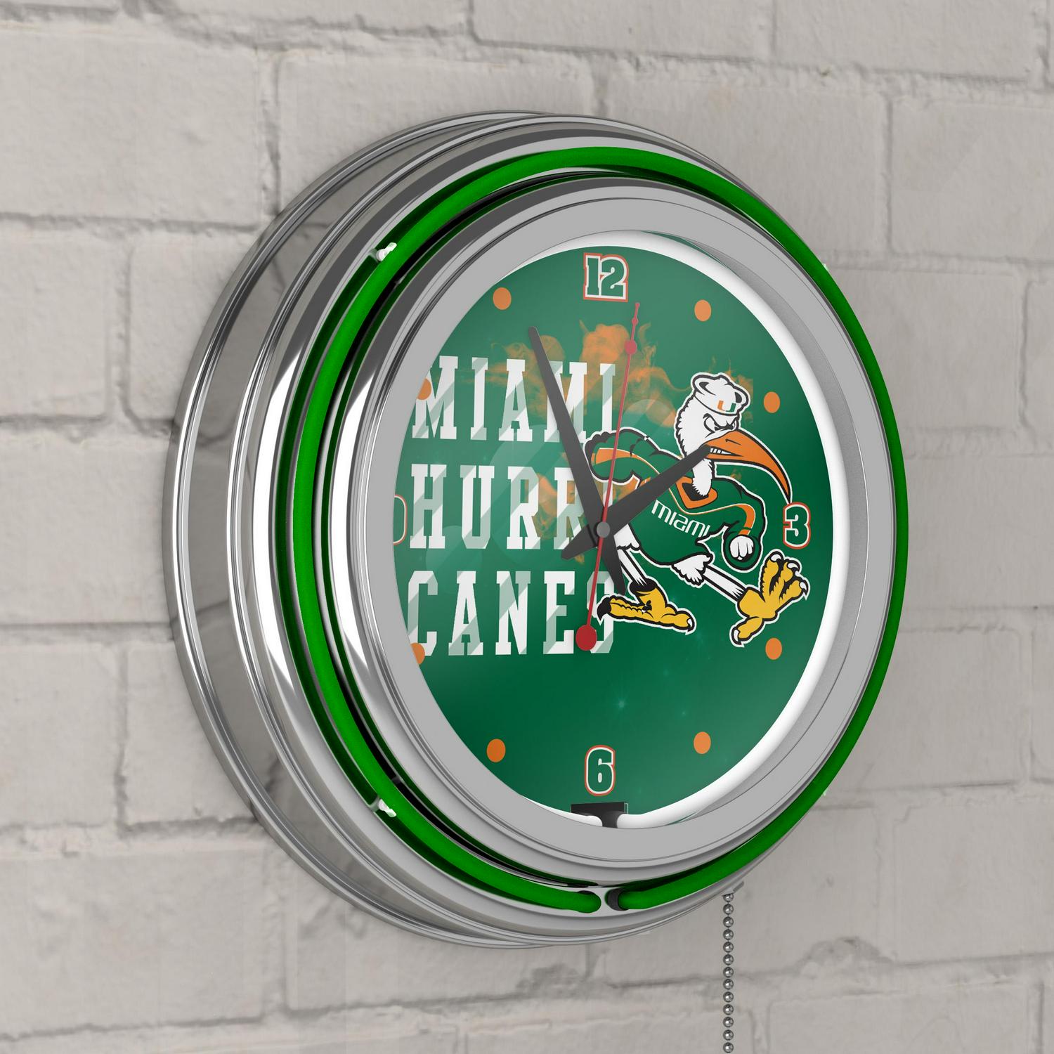 University of Miami Chrome Double Rung Neon Clock  Smoke