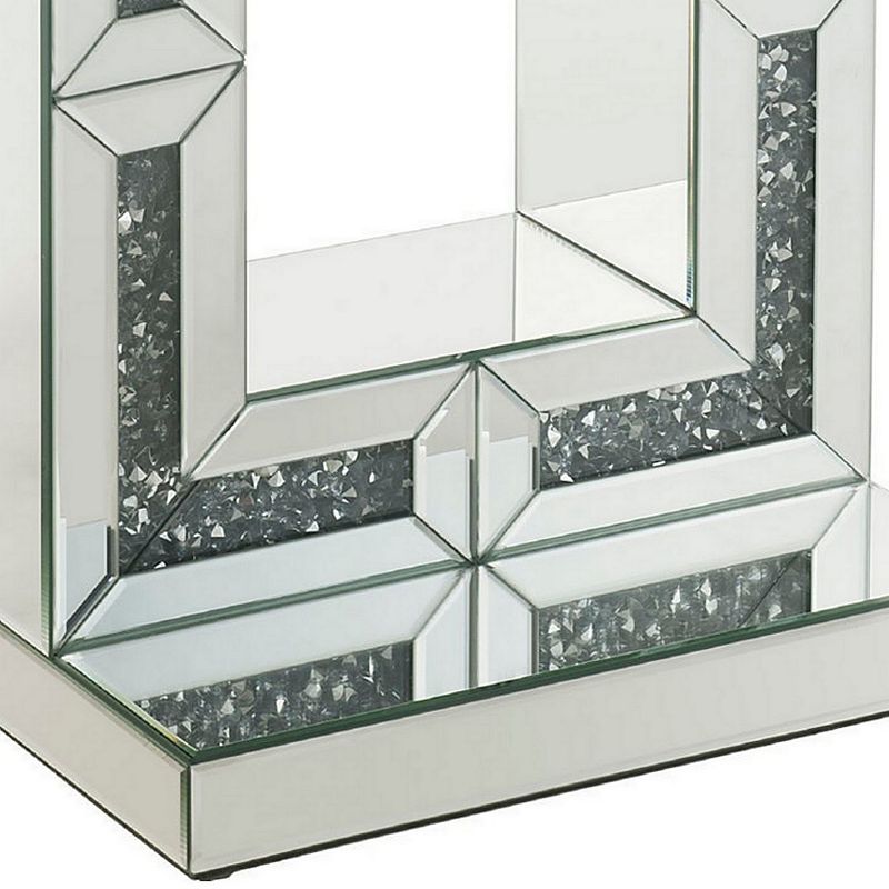 Accent Table with Open Geometric Base and Acrylic Diamond Inlay， Silver