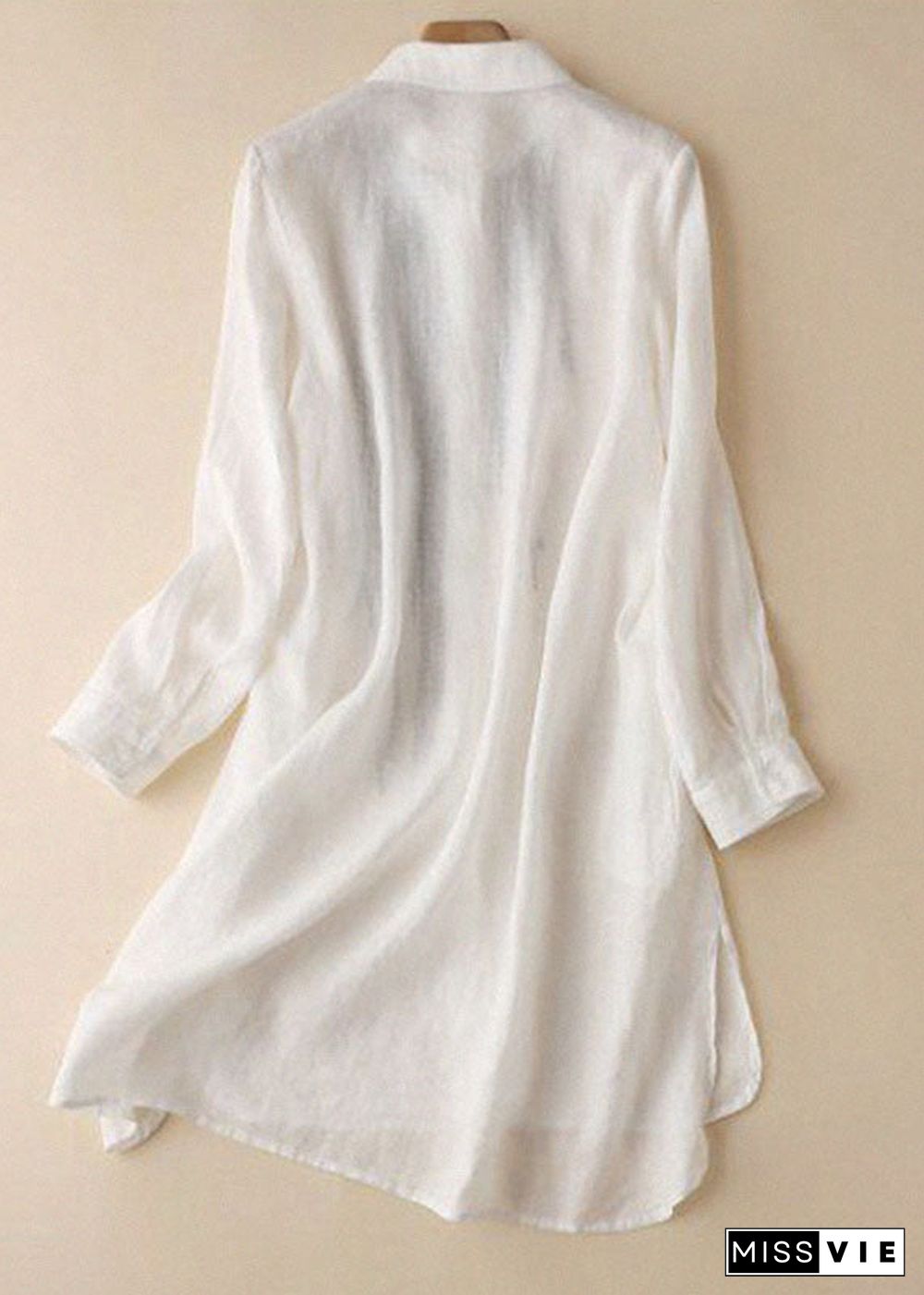 Fashion White Embroideried Low High Design Cotton Linen Long Shirt Top Long Sleeve