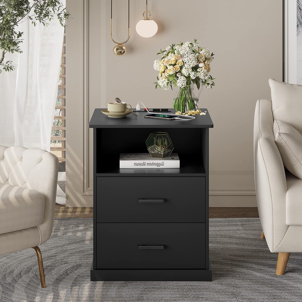 Nightstand with Charging Station  Large Side Table with 2 Storage Drawer and Open Cubby  Black Bedside End Table