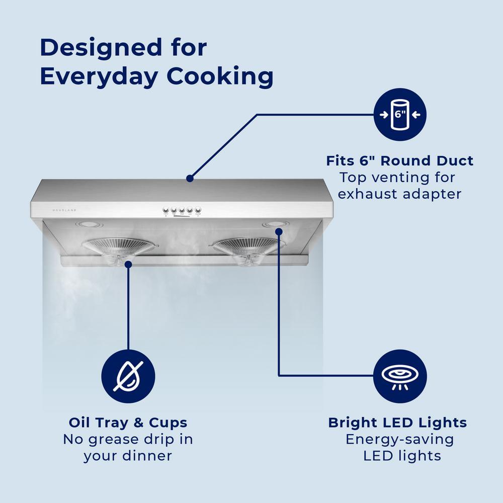 HAUSLANE 30 in x 6 in Ducted Under Cabinet Range Hood with LED Button Control Round Duct in Stainless Steel