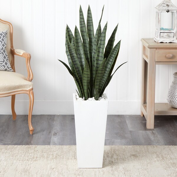 4' Sansevieria Artificial Plant in White Tower Planter