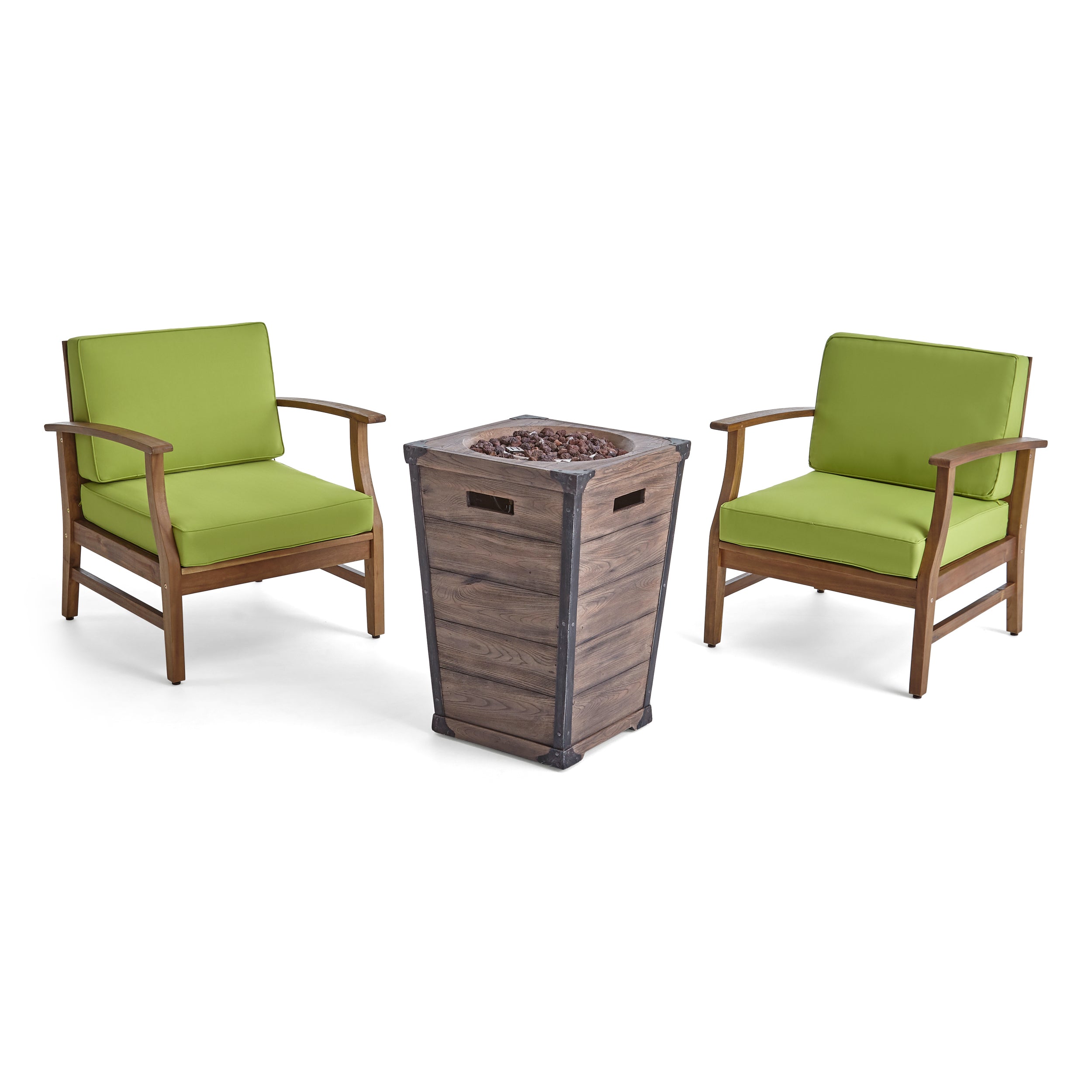 Capri Outdoor 2 Piece Acacia Wood Club Chair Set with Cushions and Fire Column