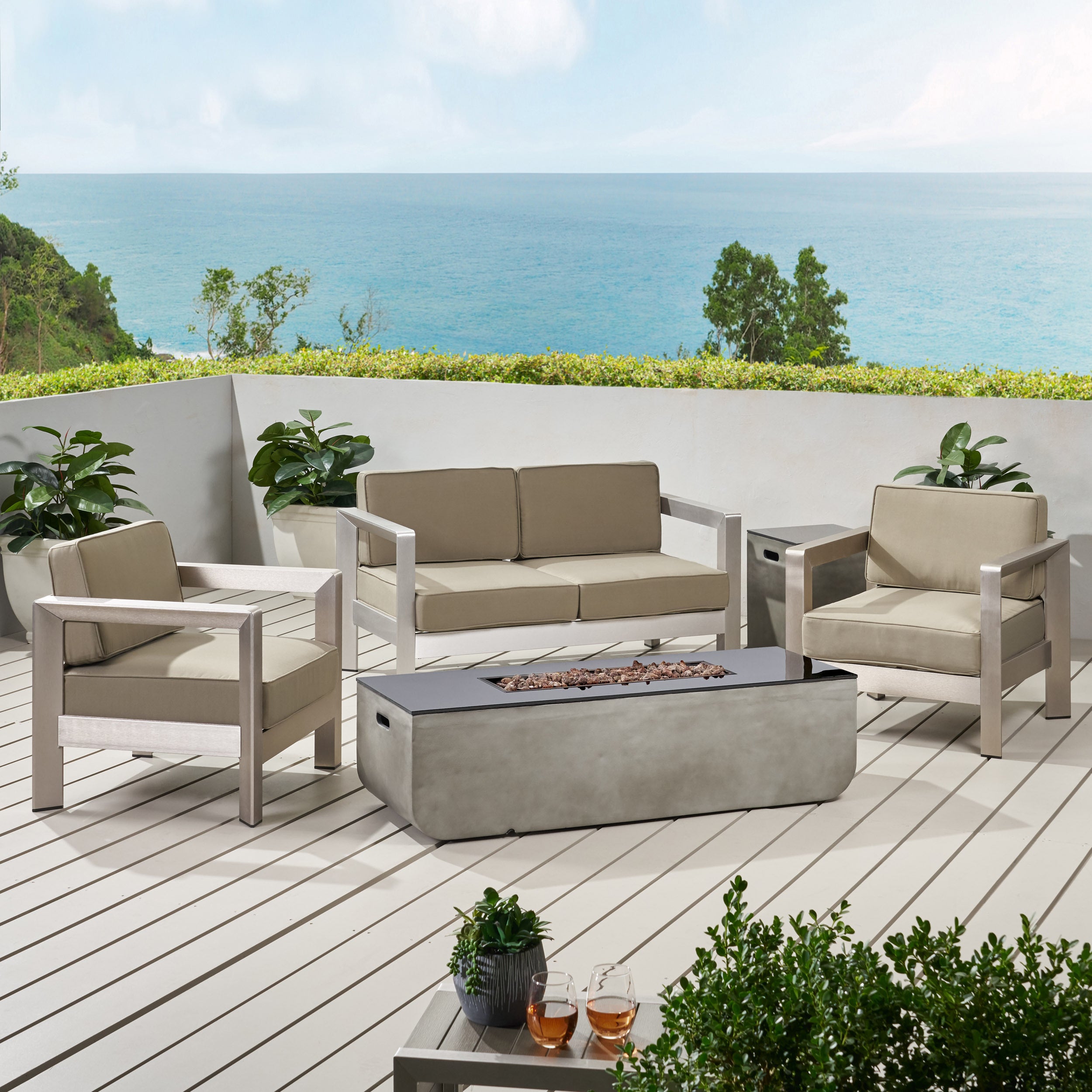 Gianelle Outdoor Modern 4 Seater Aluminum Chat Set with Fire Pit and Tank Holder