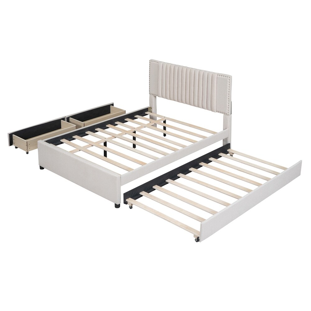 Platform Bed Wood Platform Bed Frame with Twin XL Trundle  Upholstered Bed with Headboard   2 Drawers for Apartment