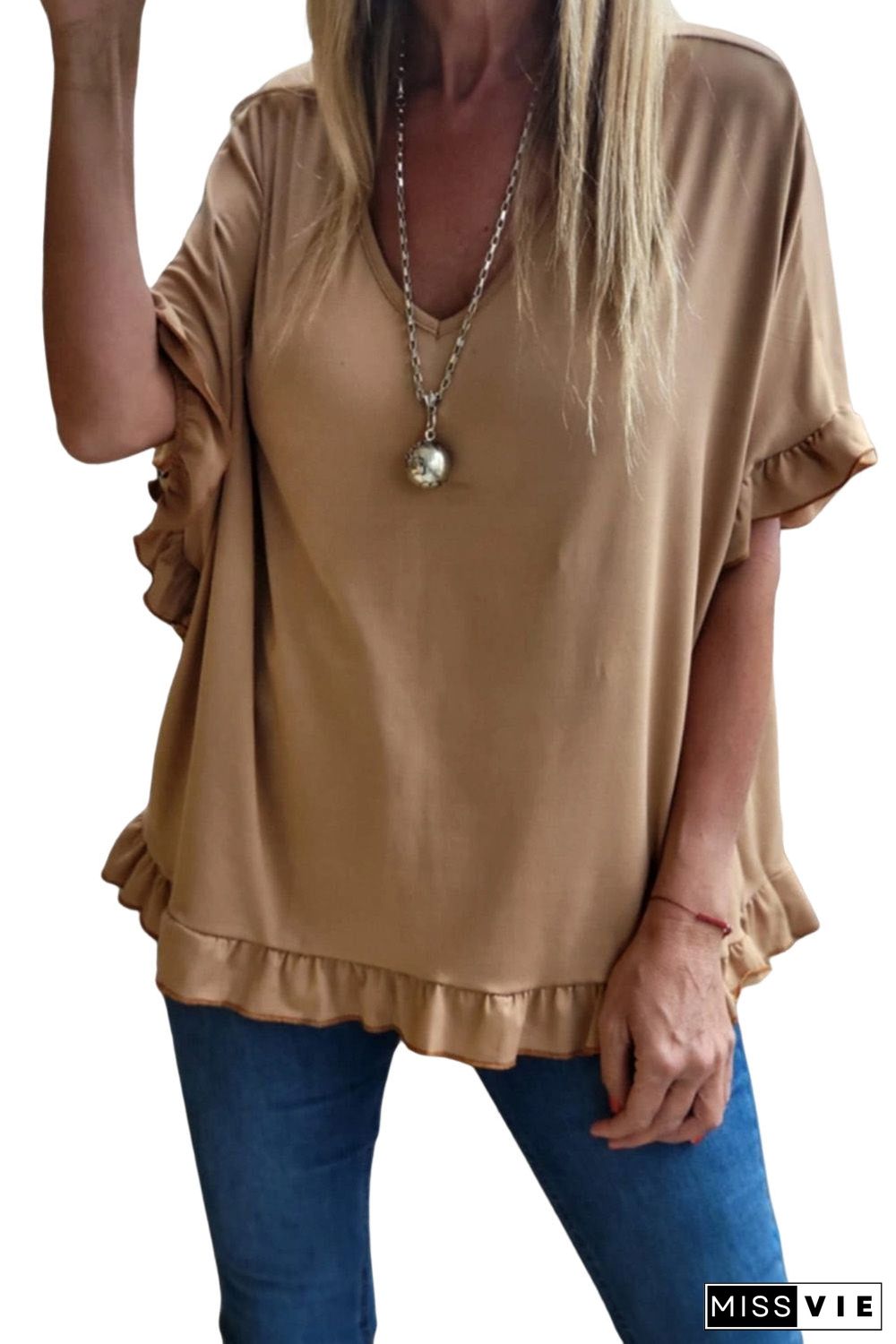 Khaki Ruffle Trim Short Sleeve Oversize Blouse