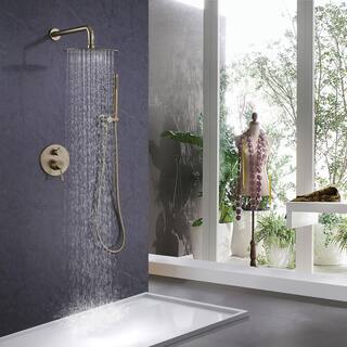 IHOMEadore 1-Spray Patterns with 1.8 GPM 10 in. Wall Mount Dual Shower Heads with Handheld Shower Head Set in Brushed Gold JKRCS81005BG-EB