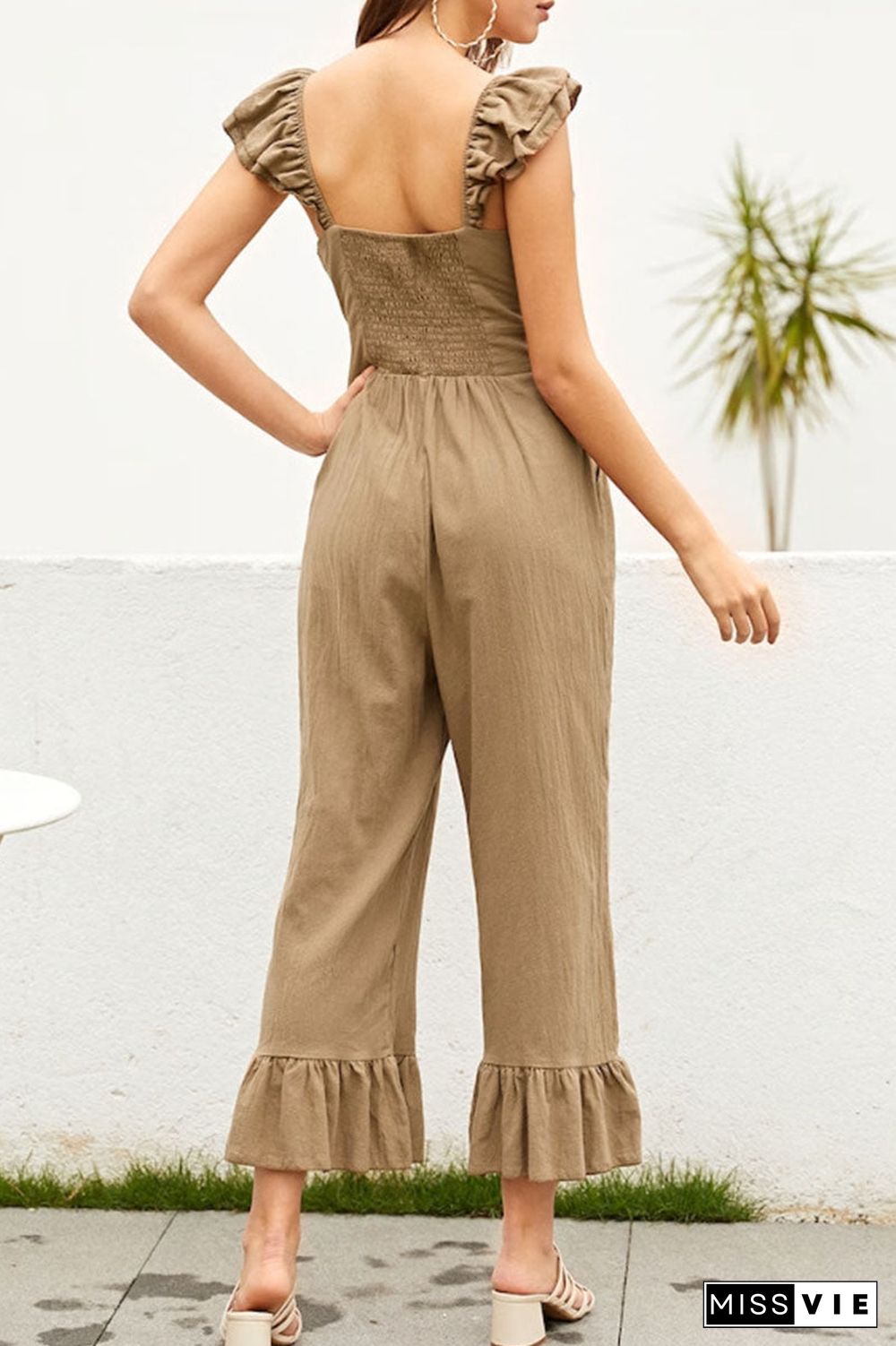 Fashion Casual Solid Split Joint V Neck Loose Jumpsuits