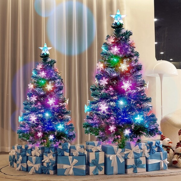 5 ft PreLit Artificial Christmas Tree，Lighted Xmas Trees with LED Lights，Snowflakes，Top Star，Holiday Fake Tree with Legs