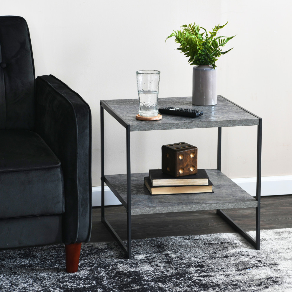 Square Side End Table  Storage Shelf Rustic Slate Concrete  Black Metal   Industrial   Side Tables And End Tables   by Household Essentials  Houzz