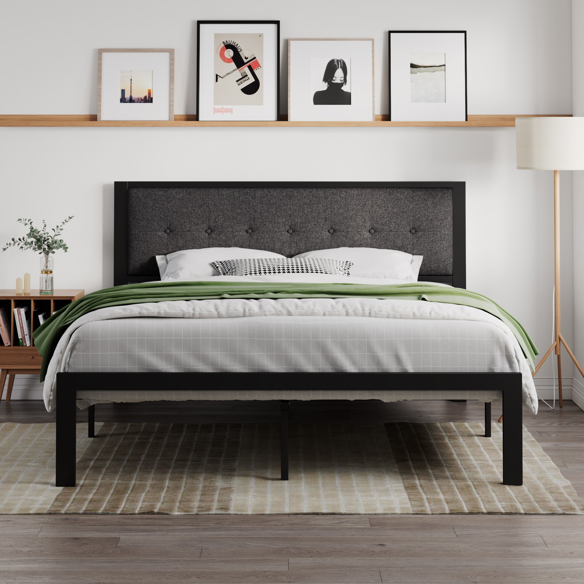 SHA CERLIN King Metal Platform Bed with Fabric Upholstered Button Tufted Headboard, Dark Grey