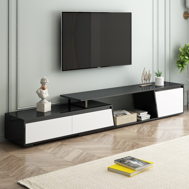 Modern Retractable TV Stand  Extendable Media Console TV Cabinet with 2 Drawers and 1 Cabinet for Living Room