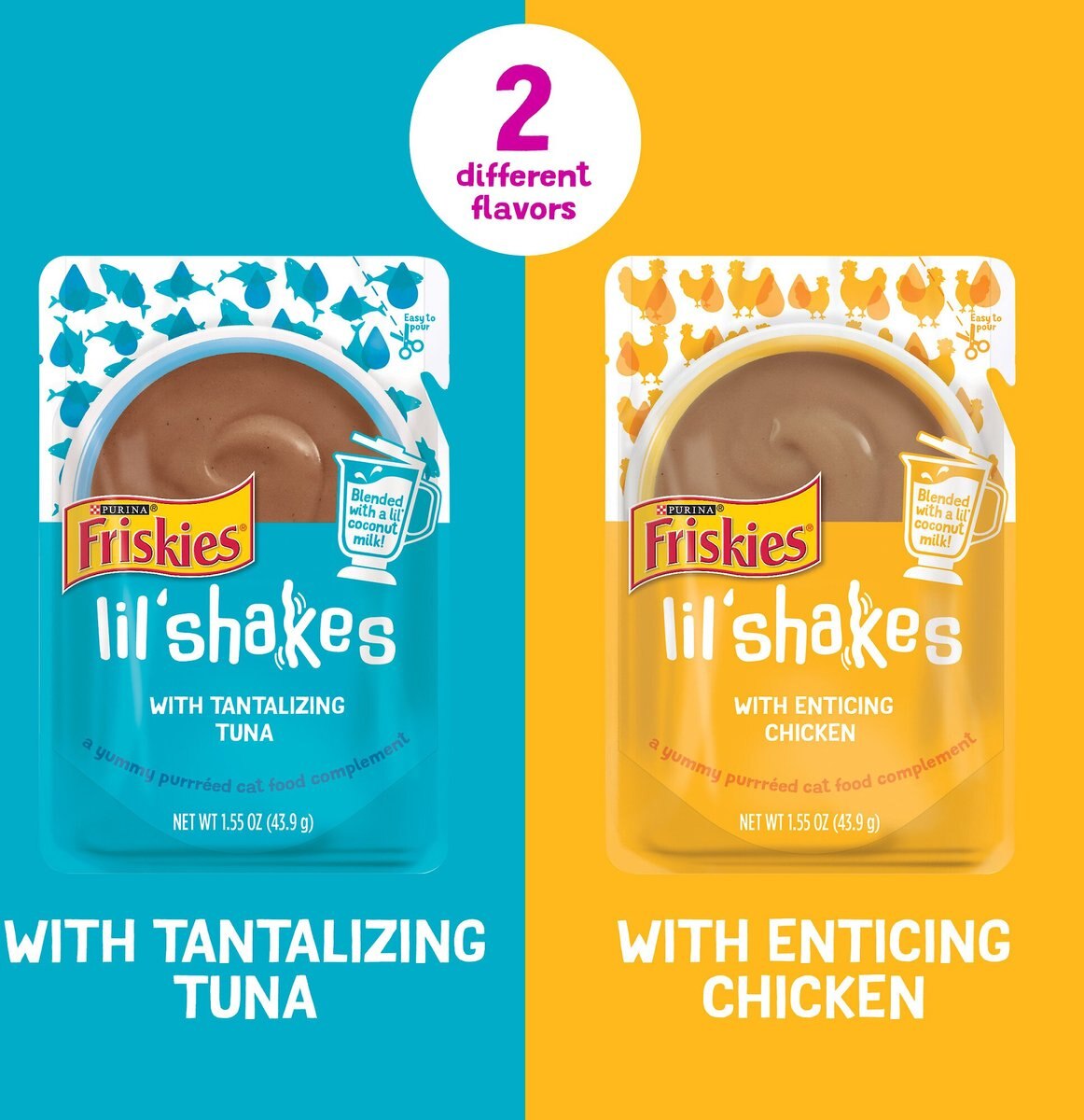 Friskies Pureed Lil' Shakes Chicken and Tuna Variety Pack Cat Food， 1.55-oz bag， Case of 18