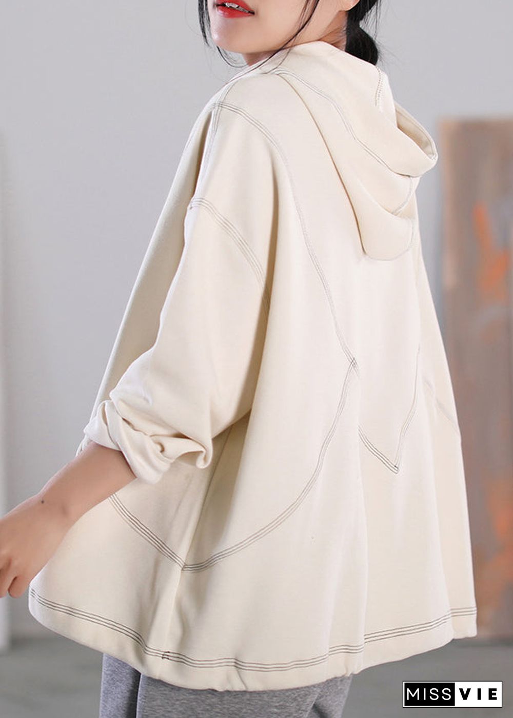 Simple Beige Patchwork Drawstring Button Pockets Hooded Sweatshirts Long Sleeve