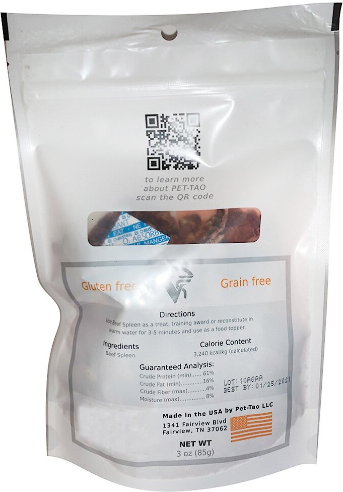 PET TAO Beef Spleen Freeze-Dried Dog Treats， 3-oz bag