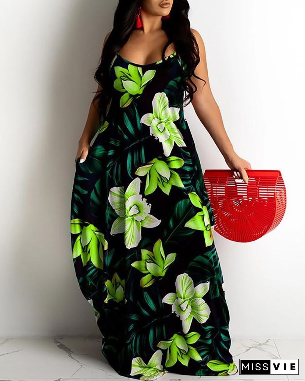 Floral Leaf Print Spaghetti Strap Maxi Dress