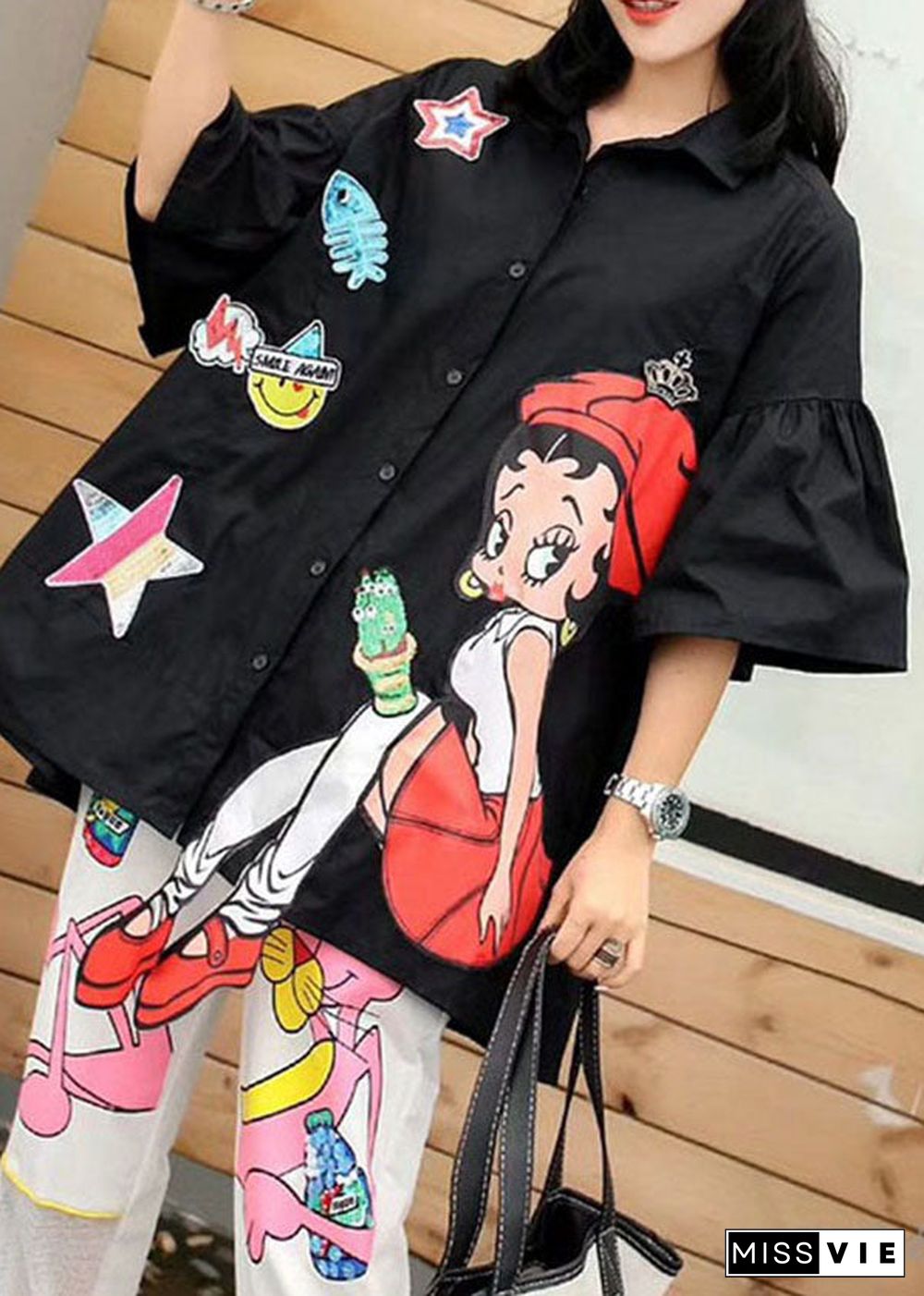 New Black Cartoon Sequins Patchwork Cotton Shirts Top Summer