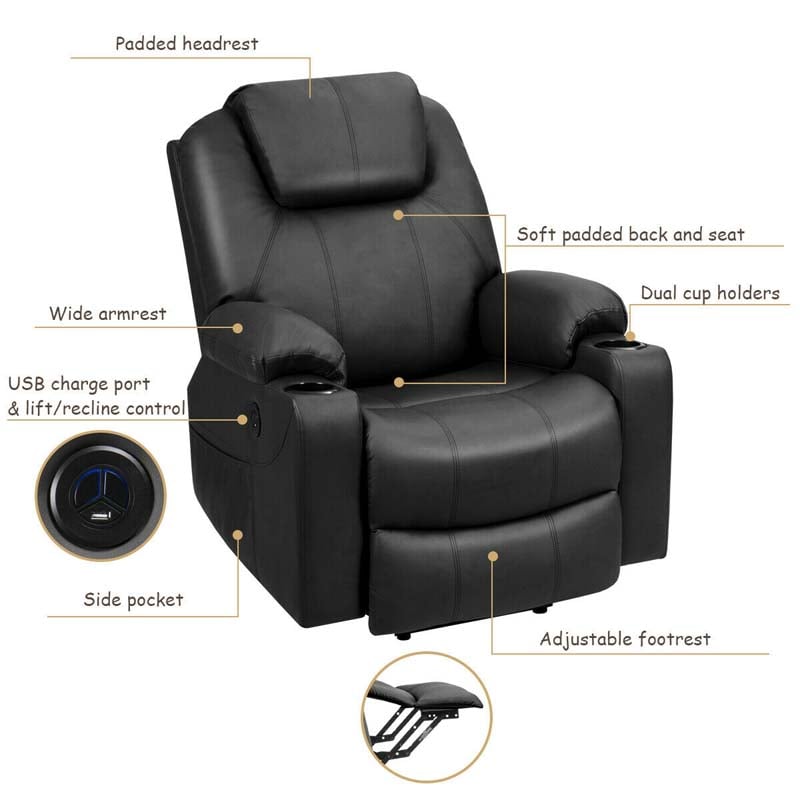 Electric Power Lift Recliner, Leather Massage Reclining Sofa, Elderly Lift Chair with Lumbar Heating & 8 Vibrating Nodes, Cup Holder, USB Port