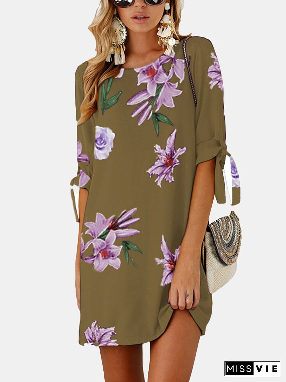 Floral Printed O-neck Half Sleeve Midi Dress