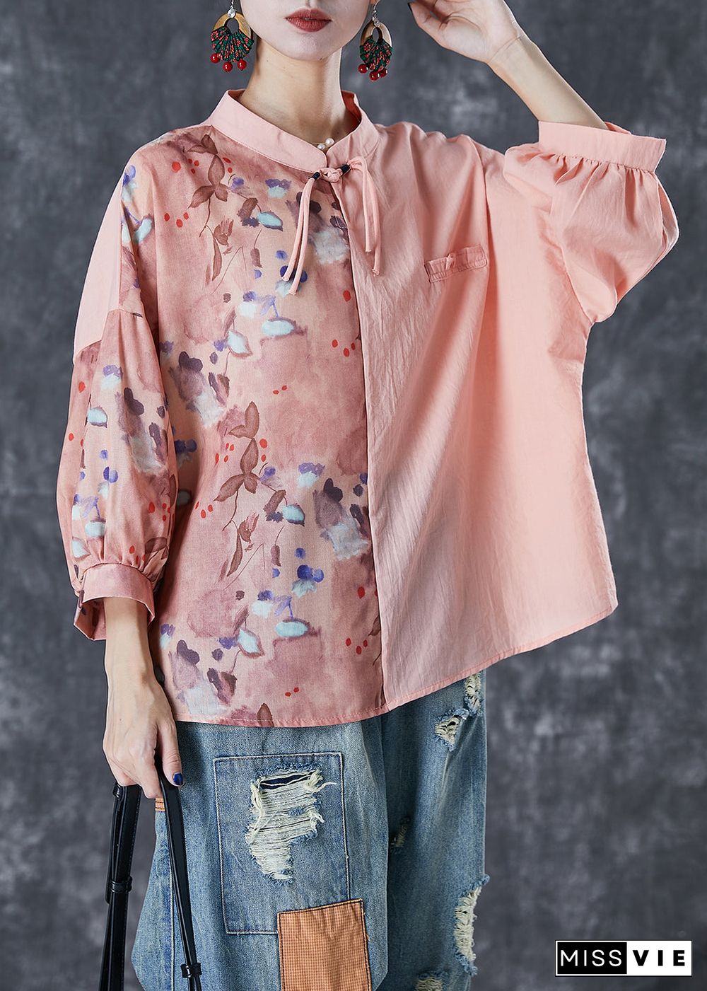 Art Pink Asymmetrical Patchwork Print Linen Blouse Top Bracelet Sleeve