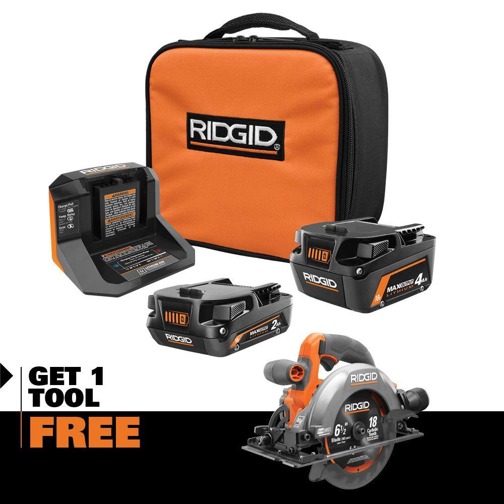 RIDGID 18V MAX Output 4.0 Ah 2.0 Ah Batteries and Charger with FREE 18V SubCompact Brushless 6-12 in. Circular Saw AC8400240SB-R8656B