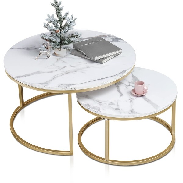 Modern Round Nesting Coffee Table Set， with 31.5 in White Faux Marble Top and Gold Metal Legs