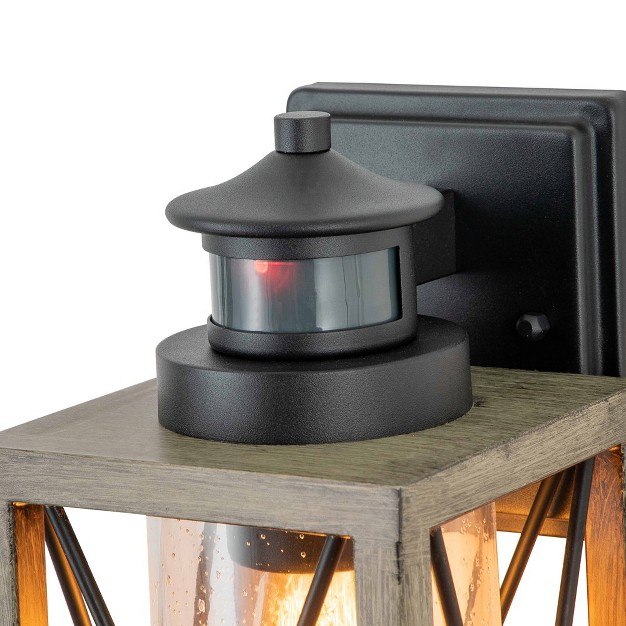 C Cattleya 1 light Black And Faux Wood Motion Sensing Dusk To Dawn Outdoor Wall Light With Clear Seeded Glass