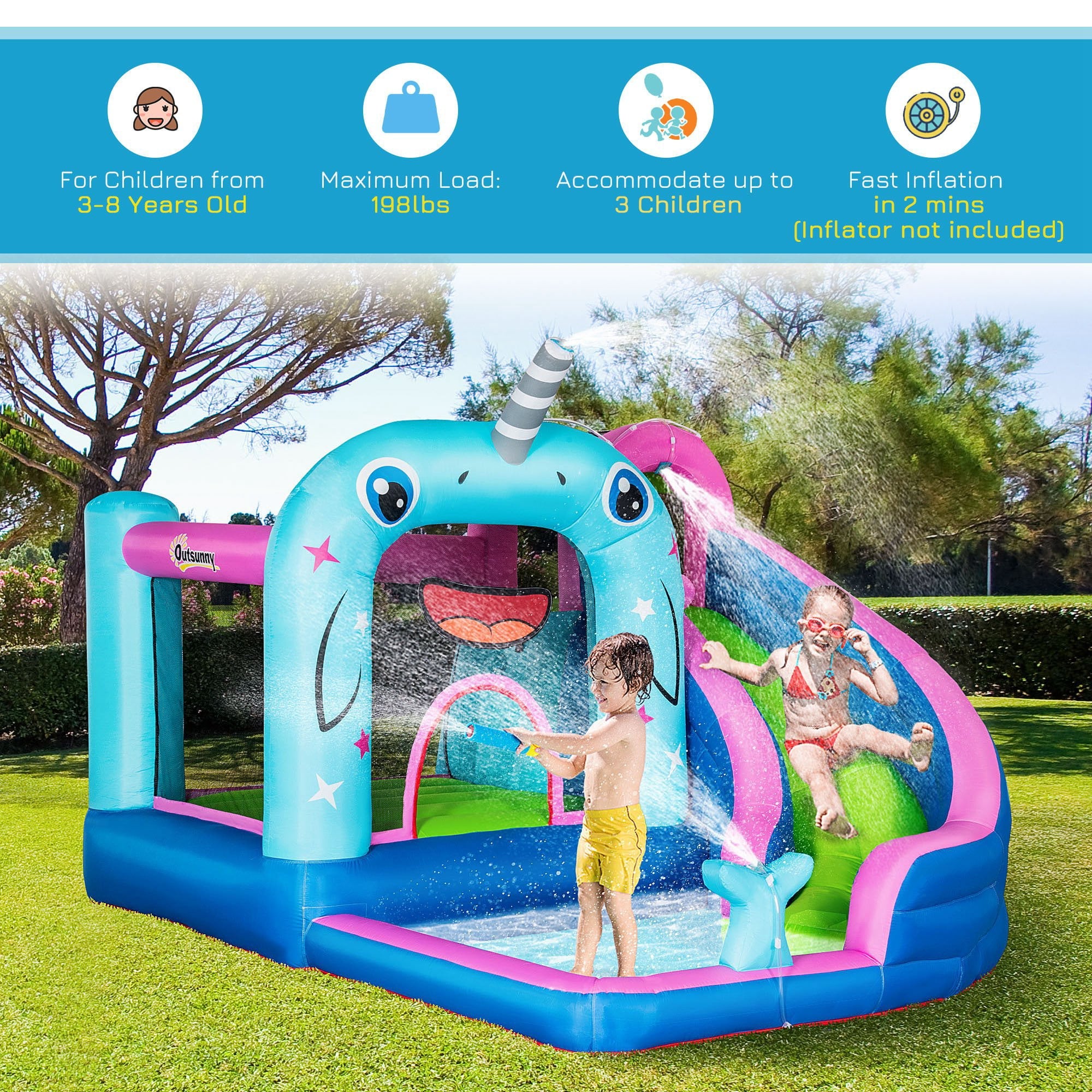 Outsunny 5-in-1 Water Slide Kids Inflatable Bounce House Narwhals Theme Water Park Includes Slide Trampoline Pool Cannon Climbing Wall with Carry Bag, Repair Patches without Air Blower